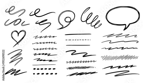 A collection of various hand drawn lines and shapes in black and white