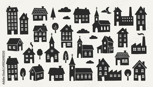 Village architecture silhouette collection. Black icons set - houses, church chapel, factory buildings, trees, clouds, moon, towers. Vector linocut style minimalist design elements.