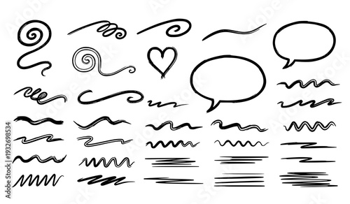 A set of hand drawn swirls and lines in black on a white background