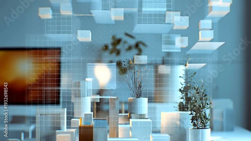 Digital Information Overlays on a Living Room Scene with Plants and Furniture