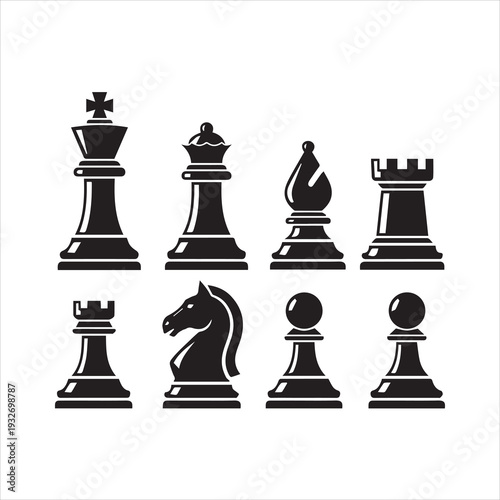 The set of black and white chess pieces is set apart against a white background.