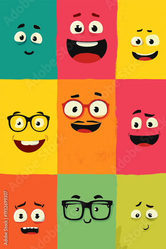 Cheerful cartoon faces on a colorful background expressing various emotions and concepts. Cartoon faces showing emotions and different personalities