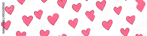 Pink hand-drawn hearts forming a seamless pattern on a white background. Pink heart pattern creating simple love background