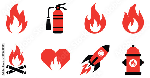 Fire, safety icon set with flame, extinguisher, alarm, and hazard symbols, isolated vector illustrations, emergency preparedness and protection concept, clean modern flat design