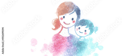 Watercolor illustration depicting a mother embracing her happy child with warmth and care. Mother and child smiling showing love and connection