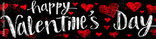 White handwritten Happy Valentines Day text surrounded by red hearts on a black background. Happy Valentines Day greeting text with red hearts