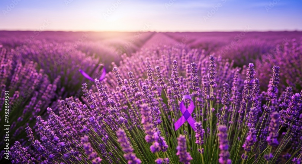 Obraz premium a lavender ribbon placed within a blooming lavender field at sunset