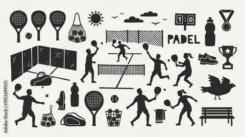 Padel sport silhouette collection. Black icons set - rackets, players, court net, balls, scoreboard, trophy, medal, equipment accessories. Vector linocut style minimalist design elements.