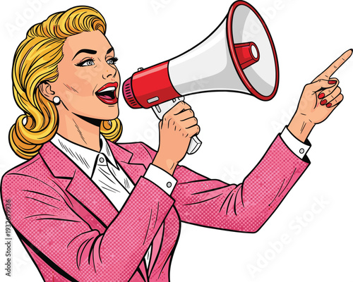 Pop Art Businesswoman with Megaphone – Retro Woman Announcing with Loudspeaker