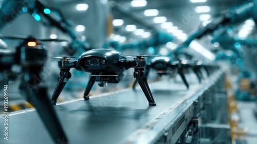 Robots and drones on a production line in a modern factory showing technology in action during daytime