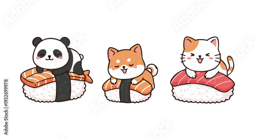 Cute Kawaii Sushi Animals Panda, Shiba Inu, and Cat Illustrations