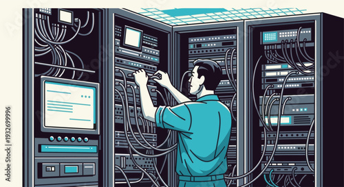 Cartoon illustration of a man connecting cables in a data center, surrounded by servers and networking equipment, emphasizing the complexity of network infrastructure.