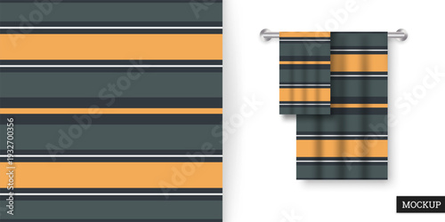 Vector seamless striped pattern in dark green, orange, and black. Suitable for modern textile design, fabric texture, wrapping paper, home decor, towel mockup, stylish geometric background. Mockup.