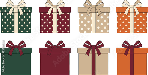 Collection of elegant gift boxes in green, burgundy, beige, and orange colors with polka dots and solid patterns for Christmas.
