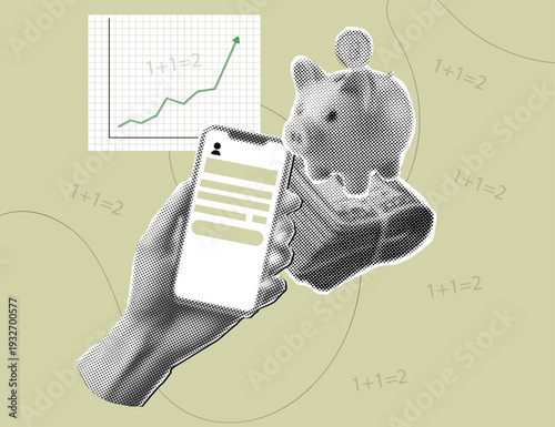 Halftone collage,Digital Banking Growth with Piggy Bank,business strategy concept