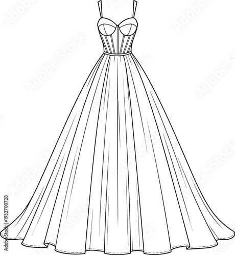 Elegant women sweetheart neckline corset ball gown wedding dress with spaghetti straps cad drawing flat vector illustration for fashion design