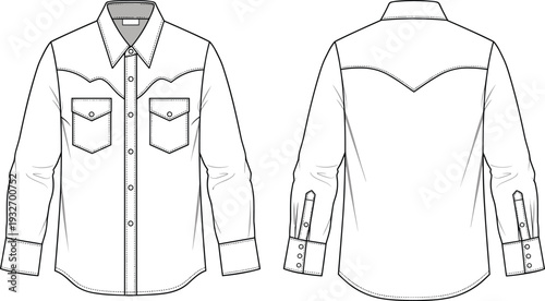 Men western long sleeve denim shirt with pointed yoke and flap pockets cad drawing flat vector illustration for fashion tech pack