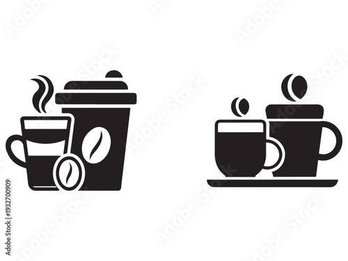 Black and white coffee cups and beans on a saucer with steam rising  coffee cups with lids and coffee beans on a white background