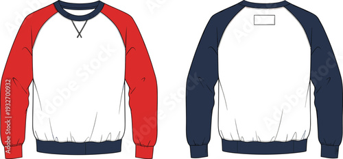 Raglan long sleeve sweatshirt technical fashion flat sketch vector template with red and navy blue sleeves for apparel design mockups, cad drawing flat vector illustration