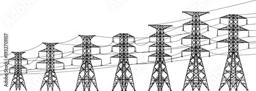 Row of high voltage electric power transmission towers and cable lines vector illustration for energy infrastructure electricity supply and industrial growth.