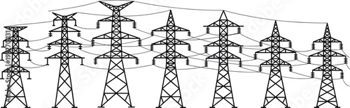 High voltage electric power transmission towers with cable lines silhouette vector illustration for energy infrastructure electricity supply and industrial grid network.