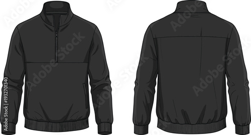 Black Quarter Zip Sweatshirt Pullover and Orange Athletic Shorts Technical Flat Sketch Front Back View Template CAD Drawing Flat Vector Illustration