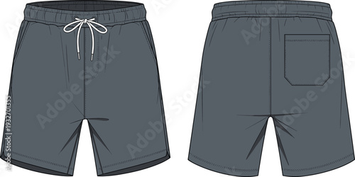 Mens Athletic Apparel Collection Quarter Zip Pullover and Training Shorts Technical Flat Sketches Front Back View CAD Drawing Flat Vector Illustration