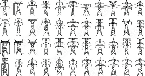 Set of high voltage electric transmission tower silhouettes, power pylon line vector icons isolated on white background for industrial energy design.