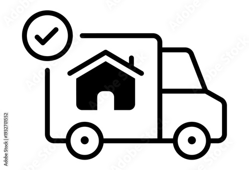 Approved Home Delivery Icon. Truck with House and Check Mark, Real Estate Moving