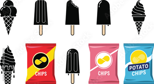 Flat Vector Illustration Set of Black Ice Cream Silhouettes, Popsicles, Soft Serve Cones, and Colorful Potato Chip Snack Bags Packets