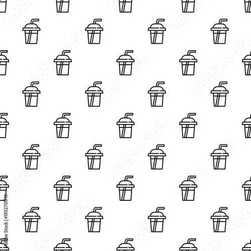 Outlined soda cups with straws creating a monochrome fast food beverage background
