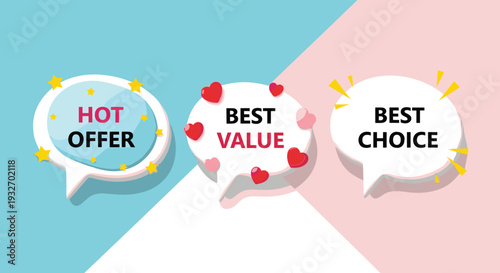 Promotional Speech Bubbles Set – Hot Offer, Best Value and Best Choice Labels