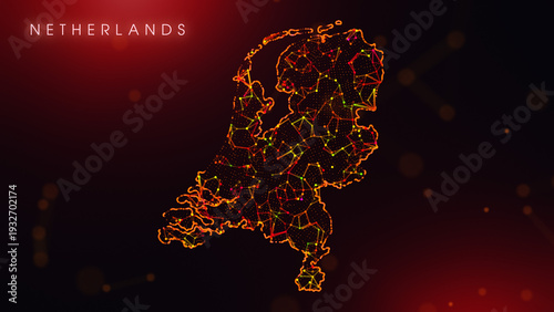 A creative cartography design featuring the Netherlands country border in a colorful plexus style. Glowing red and orange dots and lines represent digital technology and business communication.