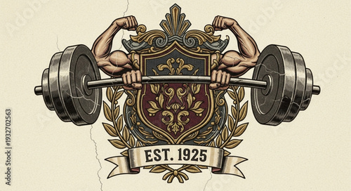 Vintage weightlifting emblem featuring strong arms lifting a barbell, established in 1925.