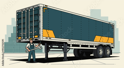 An illustration shows a mechanic in overalls repairing a dark blue semi-truck trailer with a large wrench near shipping containers at a distribution warehouse.