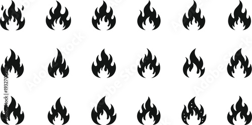 Black Fire Flame Silhouette Icon Set with Various Blaze Shapes for Emergency Safety Warning Labels Burn Hazard Signs and Hot Temperature Graphic Design Elements