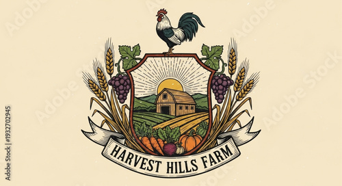 Harvest Hills Farm emblem featuring a rooster, landscape, and produce, representing agriculture.