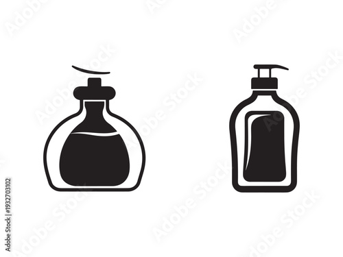 Black and white icons of perfume bottle and soap dispenser for bathroom or hygiene products  two simple silhouettes