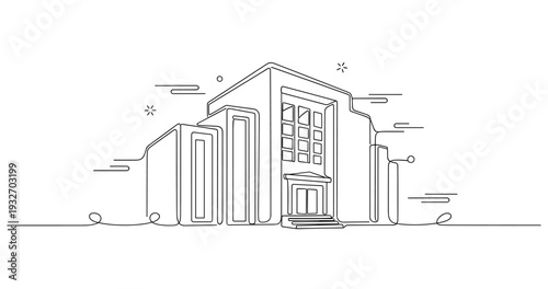 Public building facade standing in simple line art city setting. No editable stroke