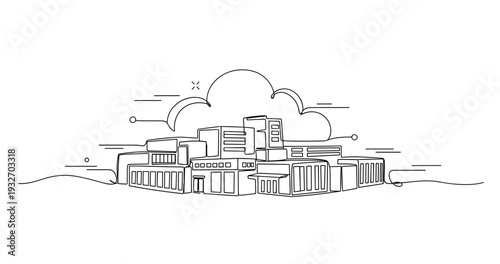 Urban cityscape cluster under cloud rendered in line art. No editable stroke