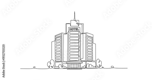 Hotel building standing tall in roadside urban landscape. No editable stroke