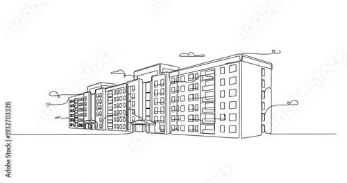 Apartment buildings aligned facing street in architectural line art. No editable stroke