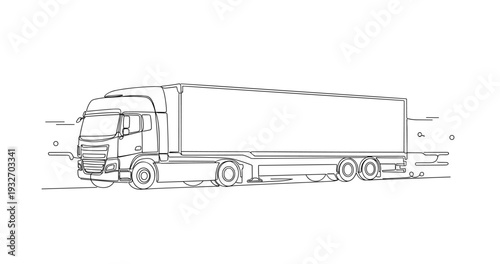 Large semi truck hauling trailer on minimalist line art road. No editable stroke