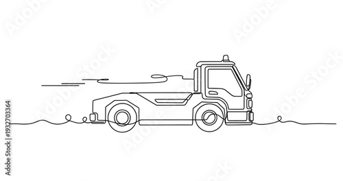 Small pickup truck driving on flat road in line drawing. No editable stroke
