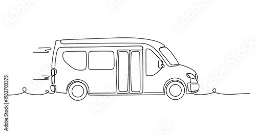 Shuttle van driving along road in side view urban setting. No editable stroke