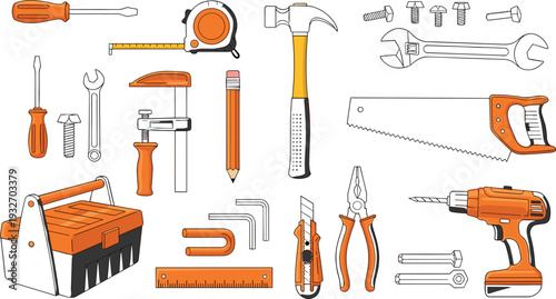 PrintHand Tool Set Vector Illustration Featuring Hammer Screwdriver Drill Saw Pliers and Toolbox for Home Improvement DIY Construction and Repair Project Designs