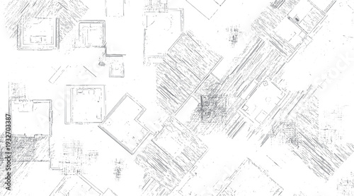 Abstract architectural blueprint with geometric shapes and hatching patterns in grayscale plan