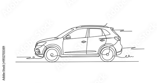 Crossover suv driving in continuous line art road scene. No editable stroke