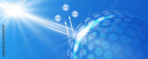 Protective sphere dome blocking sun UV light. Transparent shield barrier with glowing effect on blue background. Skin protection concept. Vector illustration.