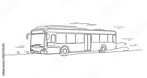 City bus driving along street in minimal line art illustration. No editable stroke